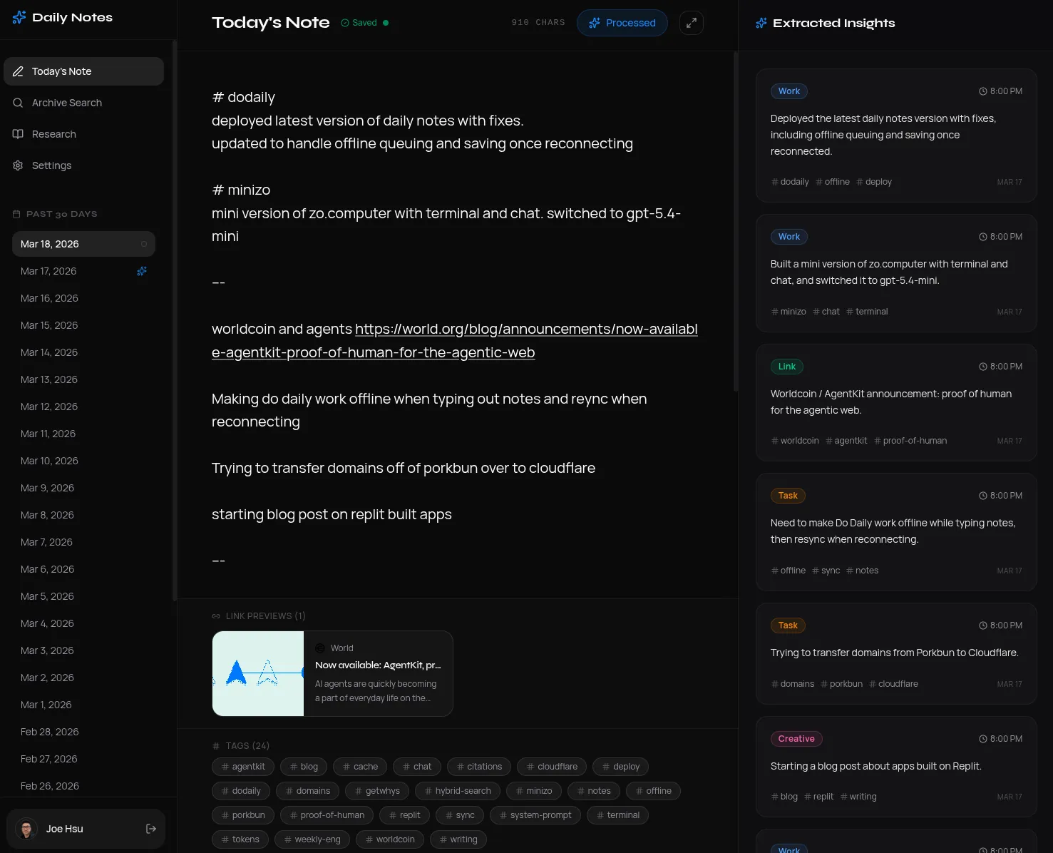 Screenshot of the DoDaily editor and notes interface